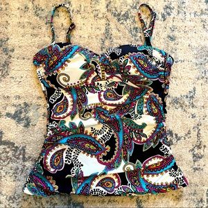 Kenneth Cole | Paisley Multicolor Tankini Swim Top Bandeau Ruched Slimming Large